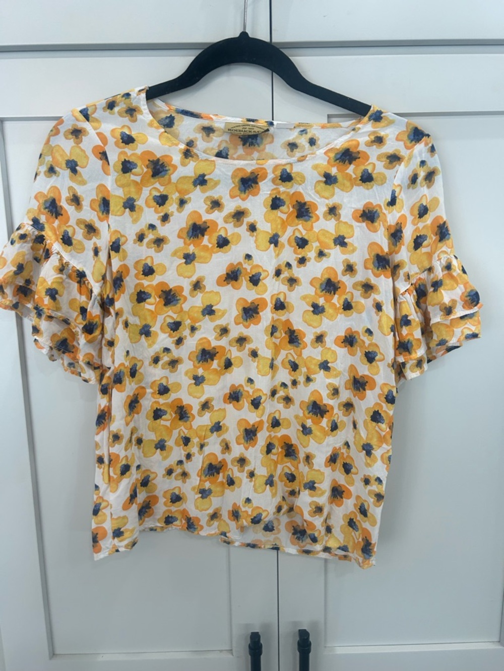 Women’s Yellow Floral Ruffle-Sleeve Blouse vintage Roebuck small